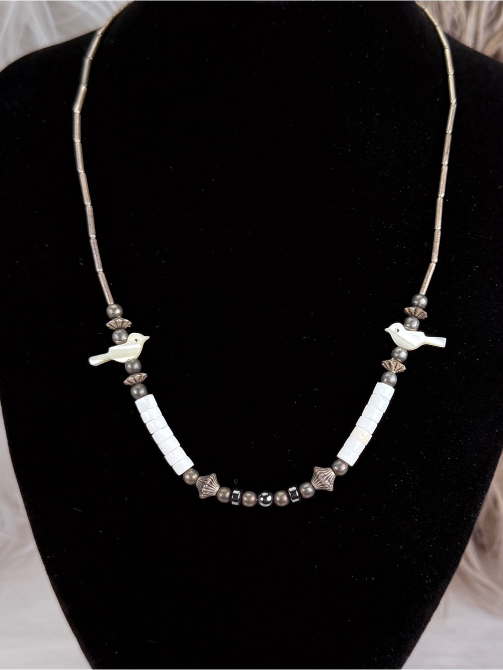 Vintage Bird Bead Necklace White Carved Accents Silver Tone Tribal Boho Estate